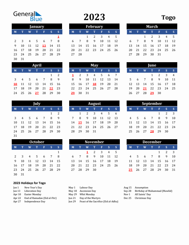 2023 Togo Holiday Calendar
