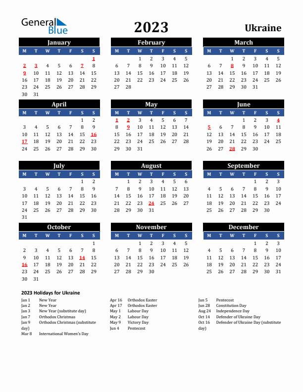 2023 Ukraine Holiday Calendar