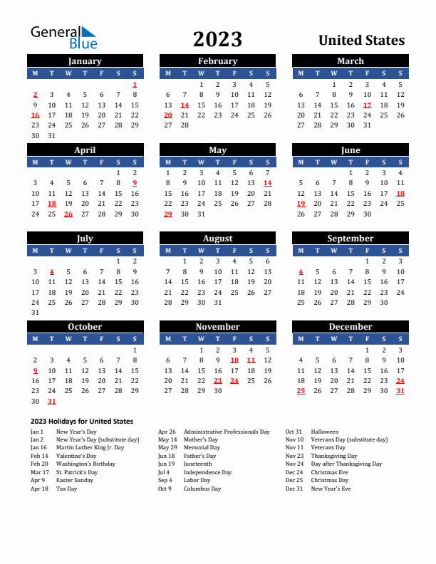 2023 United States Holiday Calendar