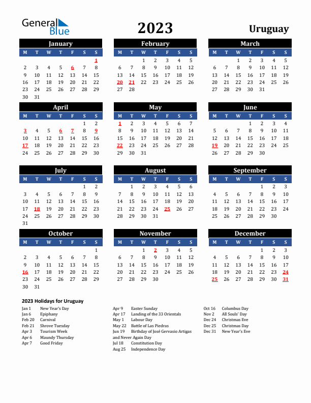 2023 Uruguay Holiday Calendar