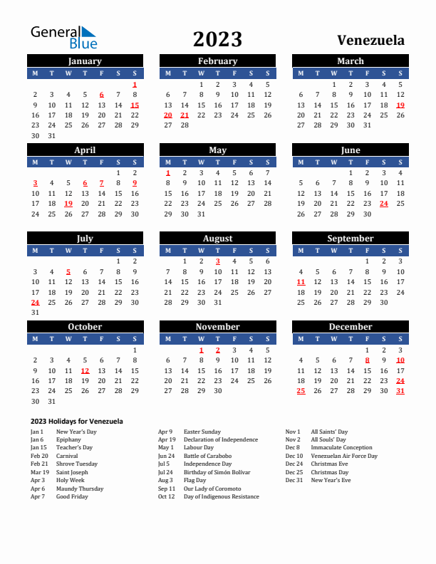 2023 Venezuela Holiday Calendar