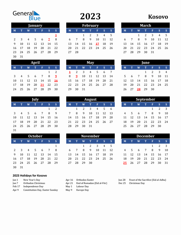2023 Kosovo Holiday Calendar