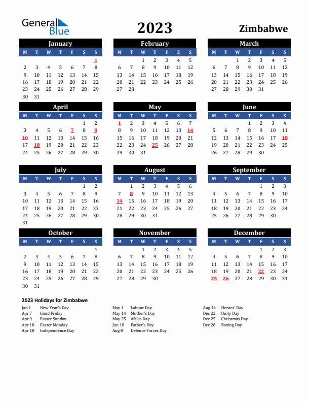 2023 Zimbabwe Holiday Calendar
