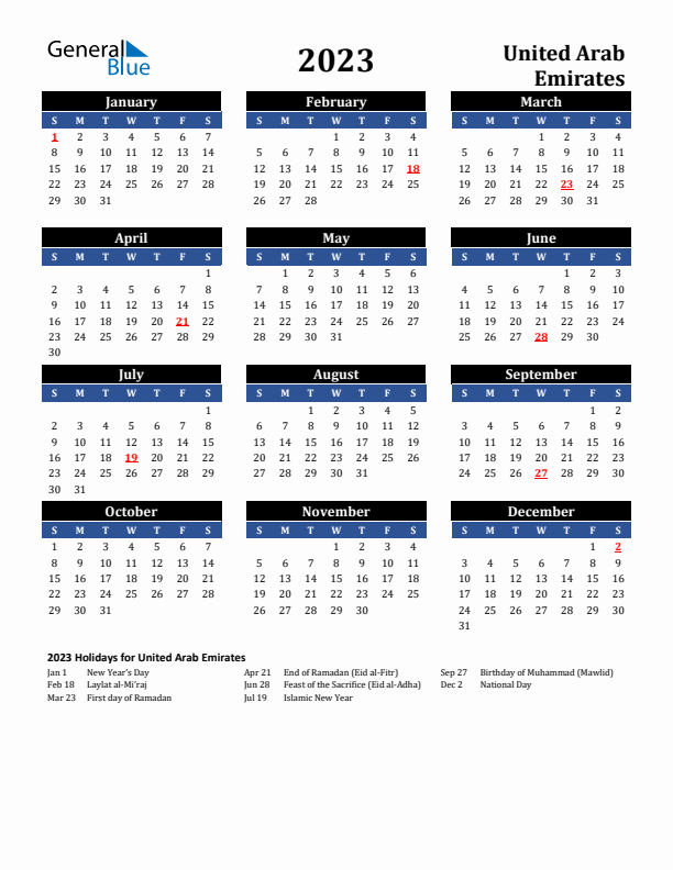 2023 United Arab Emirates Holiday Calendar