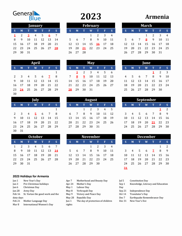 2023 Armenia Holiday Calendar