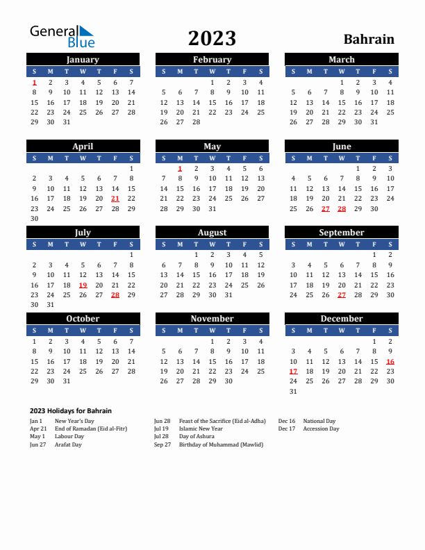 2023 Bahrain Holiday Calendar