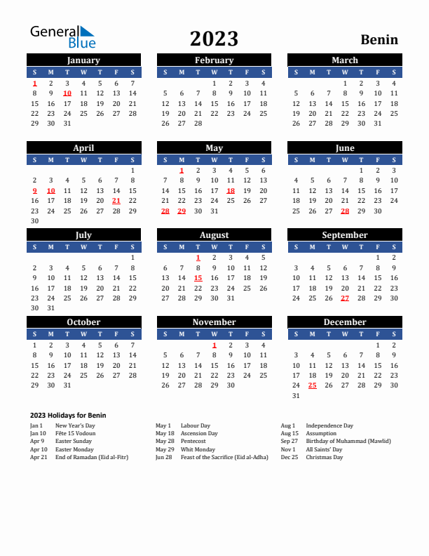 2023 Benin Holiday Calendar