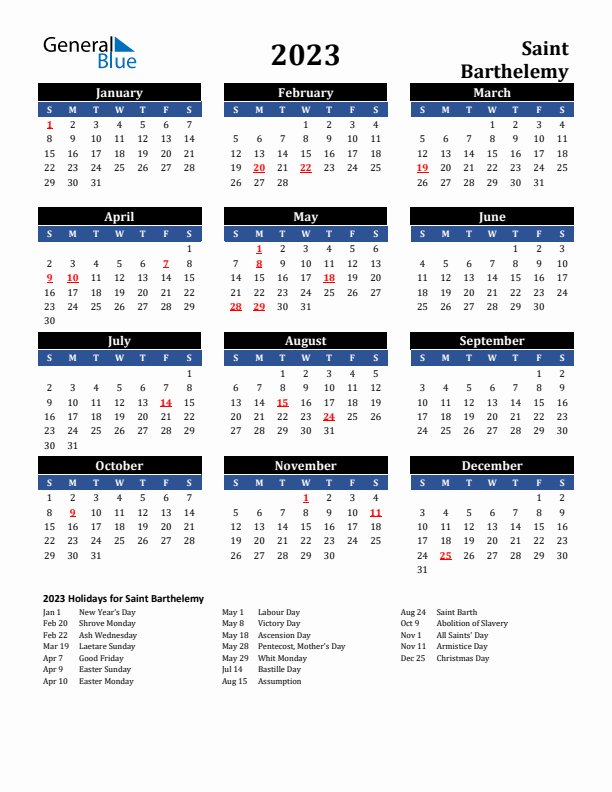 2023 Saint Barthelemy Holiday Calendar