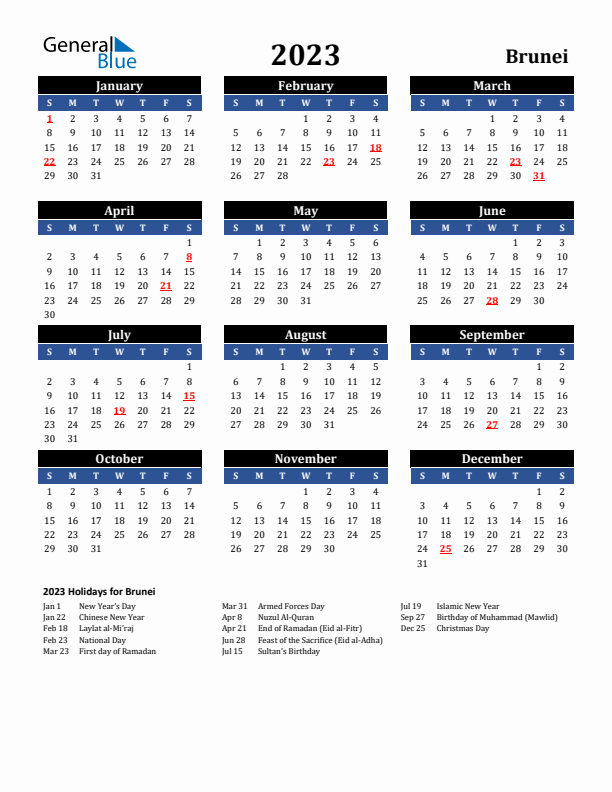 2023 Brunei Holiday Calendar