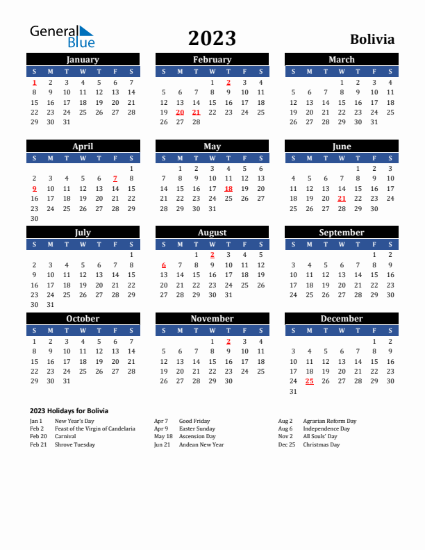 2023 Bolivia Holiday Calendar