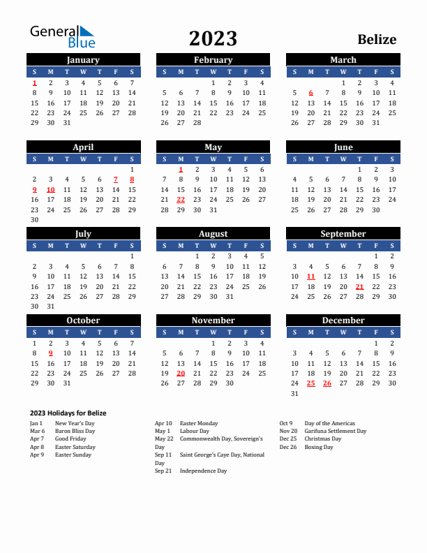 2023 Belize Holiday Calendar
