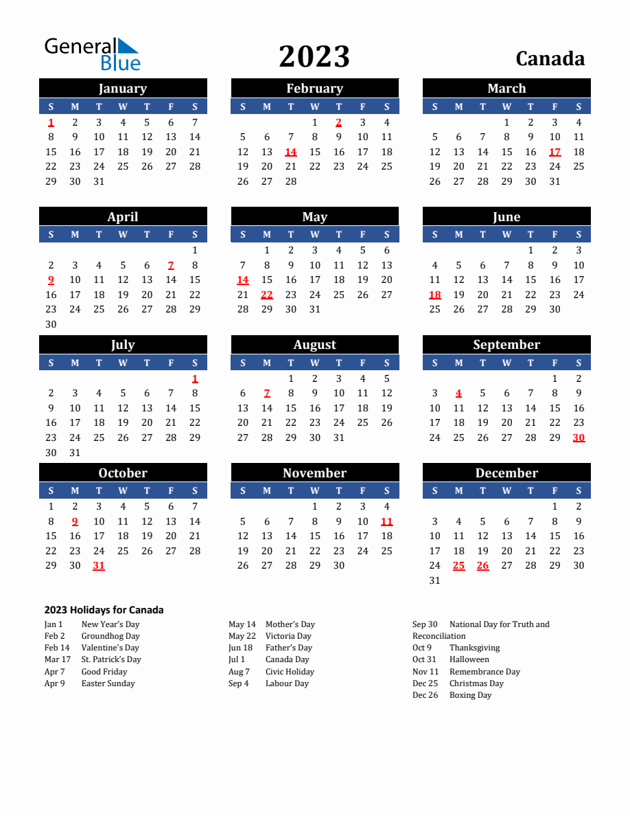 2023 Canada Holiday Calendar