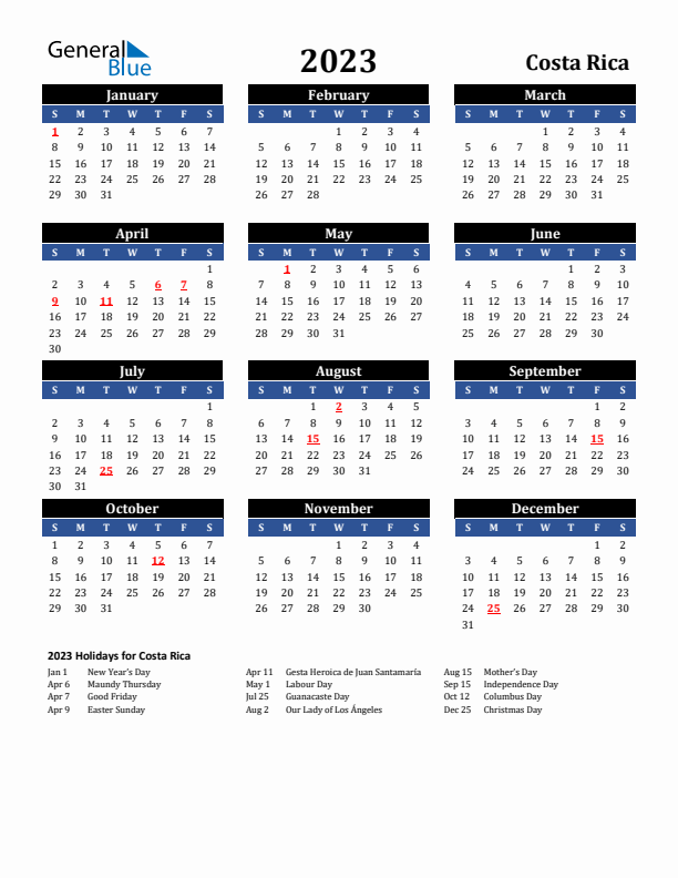 2023 Costa Rica Holiday Calendar