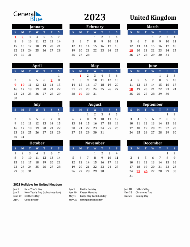 2023 United Kingdom Holiday Calendar