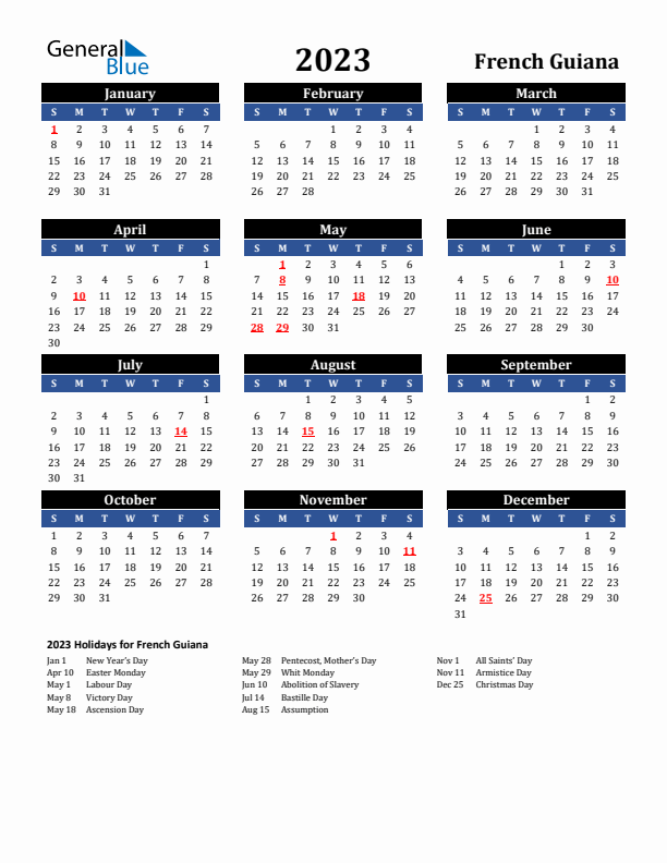 2023 French Guiana Holiday Calendar