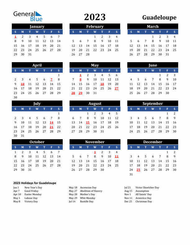 2023 Guadeloupe Holiday Calendar