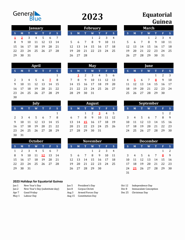 2023 Equatorial Guinea Holiday Calendar