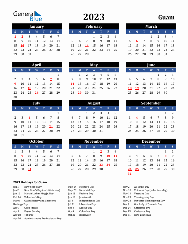 2023 Guam Holiday Calendar