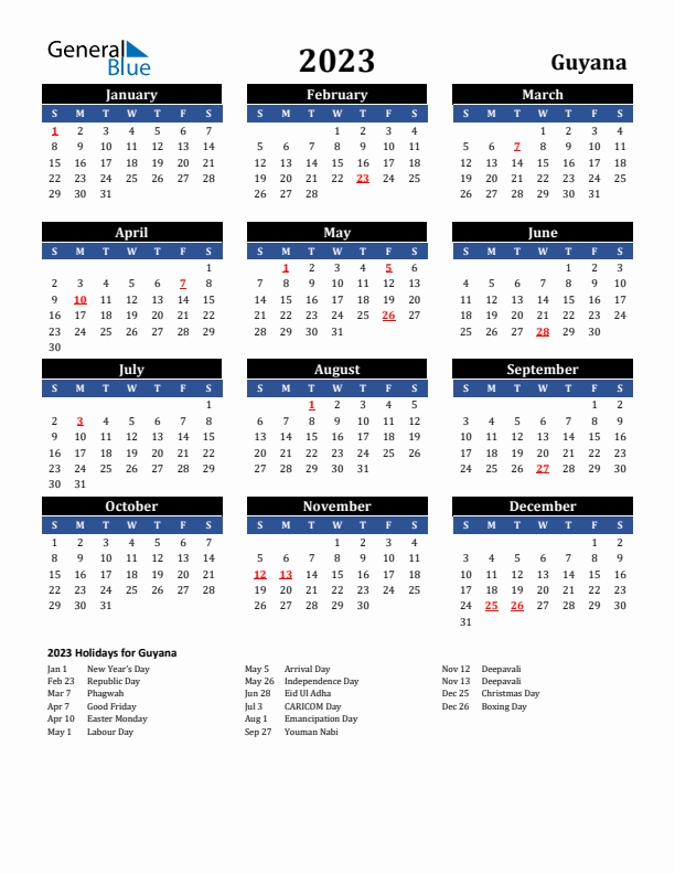 2023 Guyana Holiday Calendar