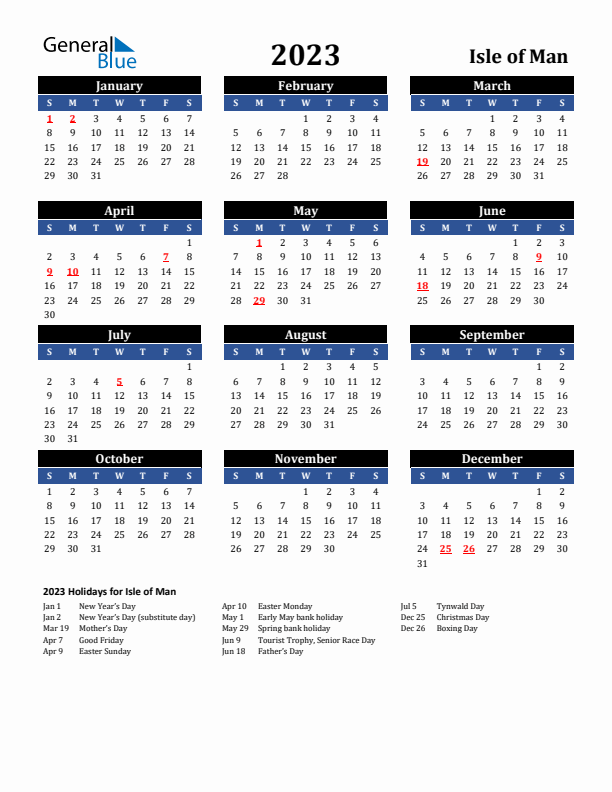 2023 Isle of Man Holiday Calendar