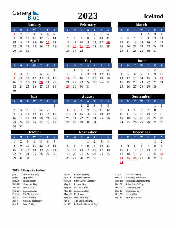 2023 Iceland Holiday Calendar