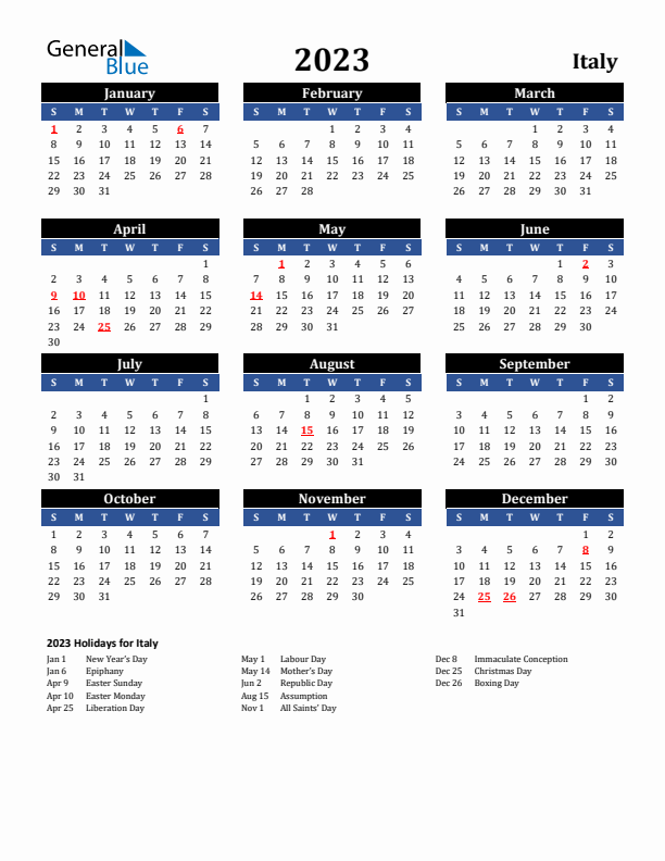 2023 Italy Holiday Calendar