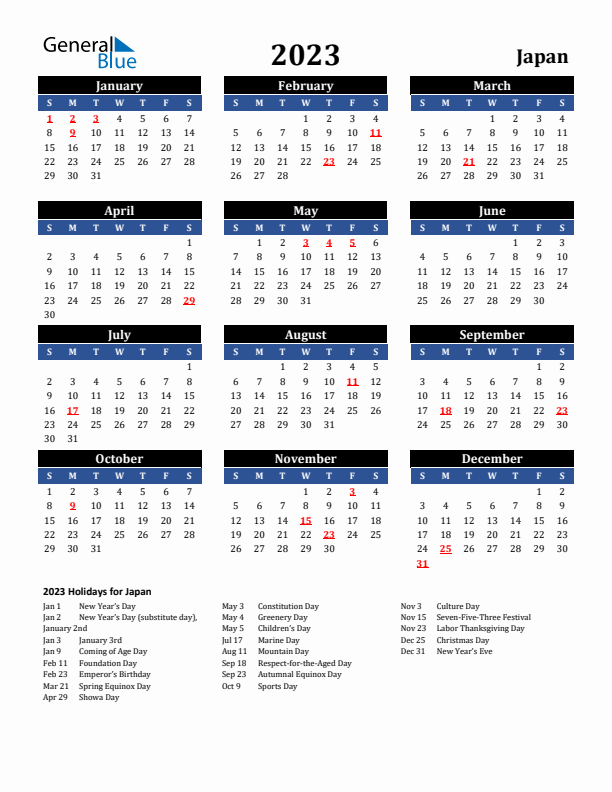 2023 Japan Holiday Calendar