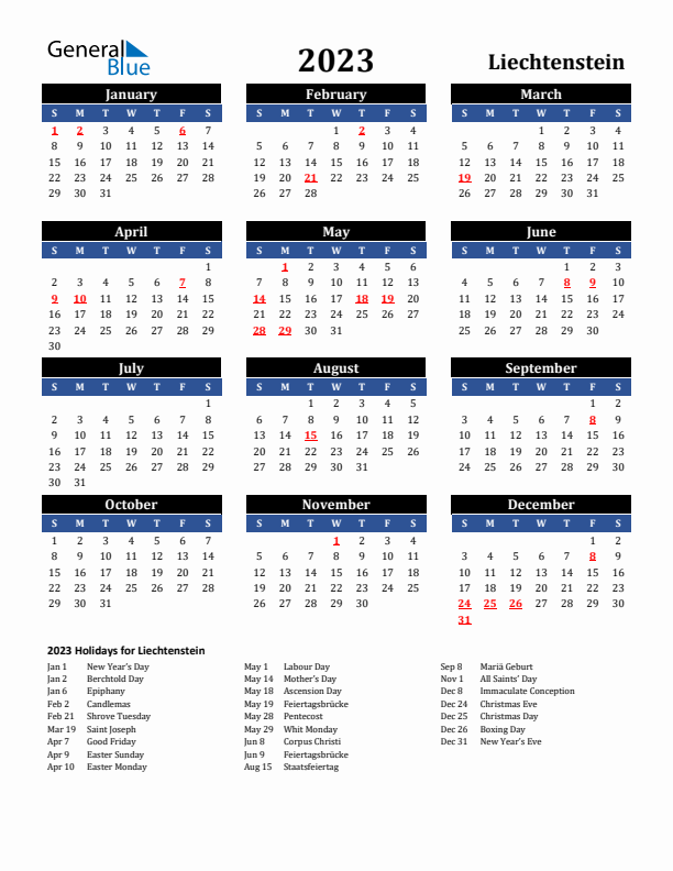 2023 Liechtenstein Holiday Calendar