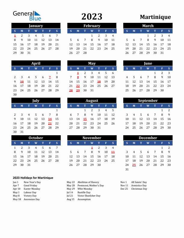 2023 Martinique Holiday Calendar