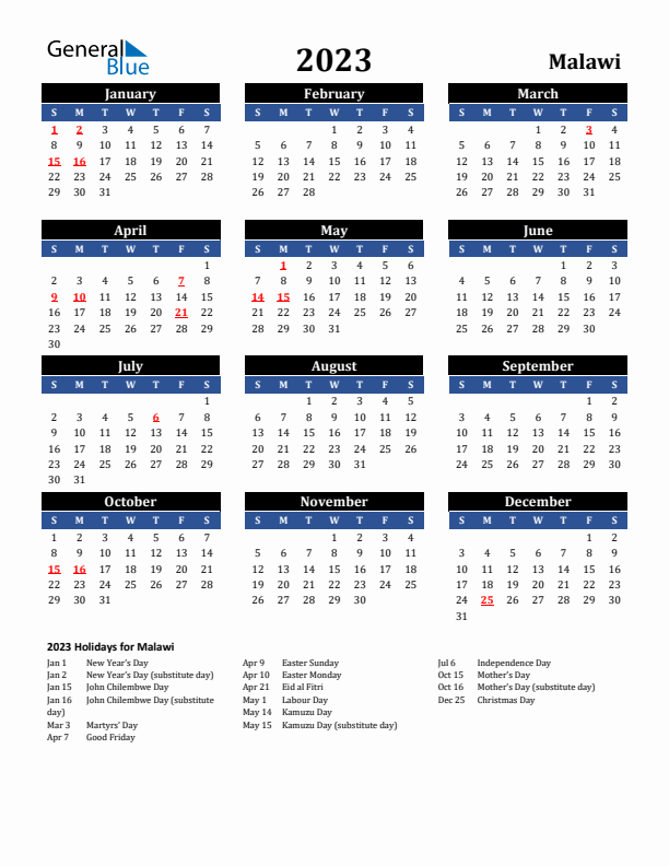 2023 Malawi Holiday Calendar