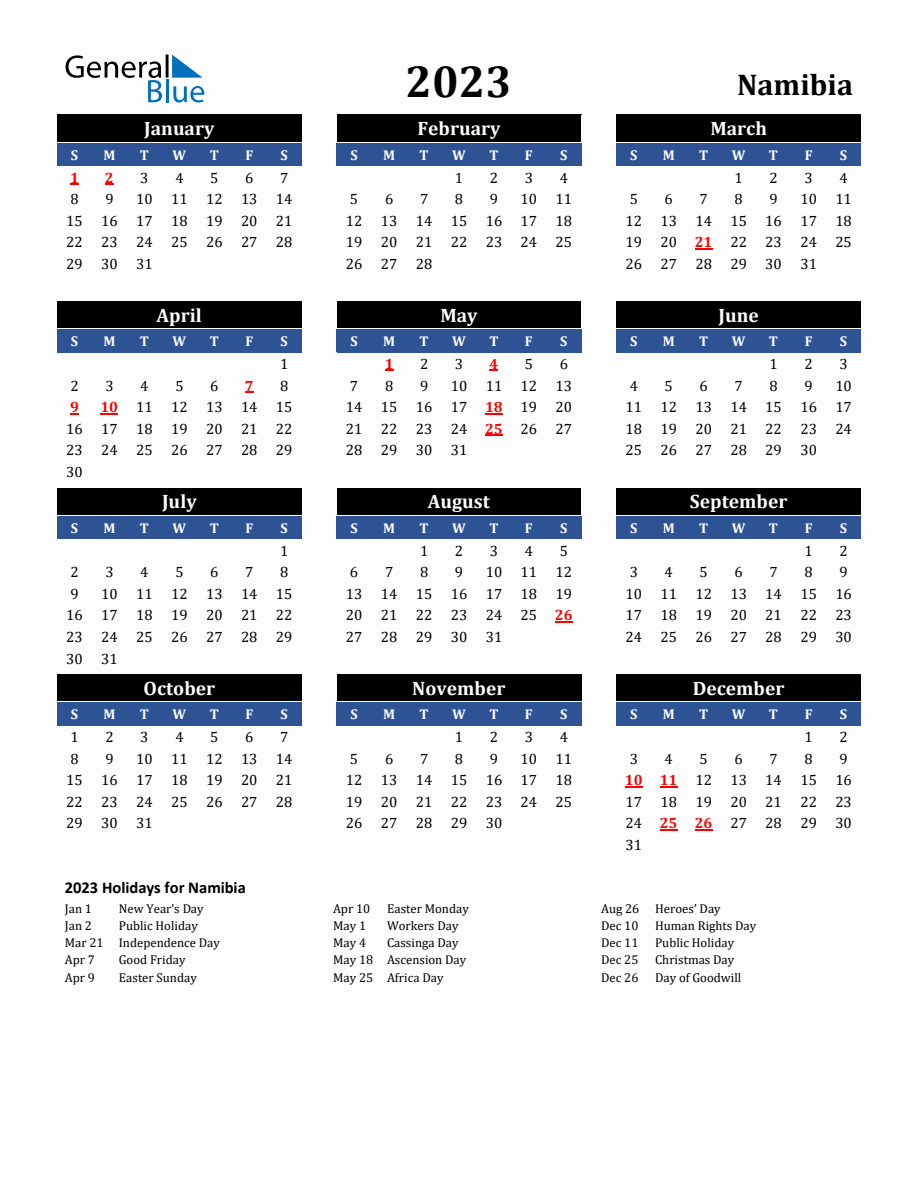 2023 Namibia Holiday Calendar