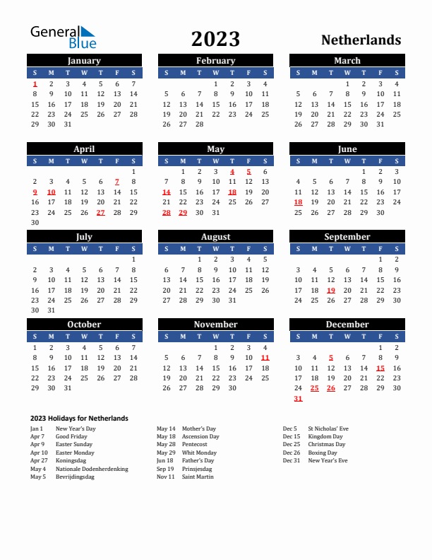 2023 The Netherlands Holiday Calendar