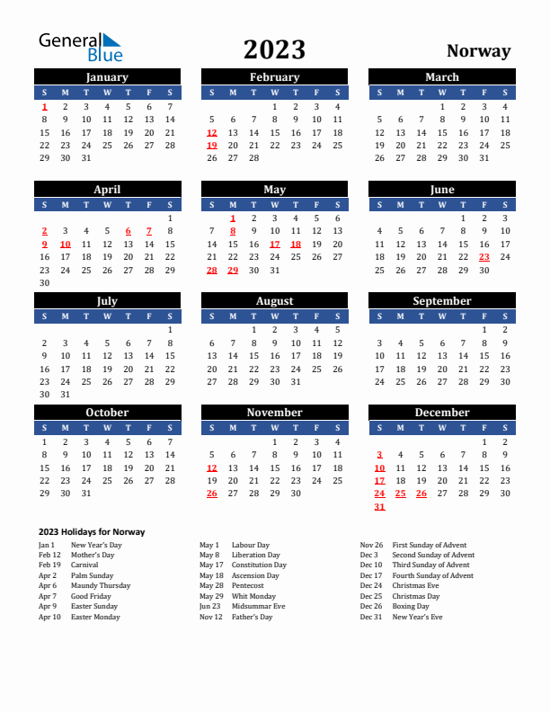2023 Norway Holiday Calendar