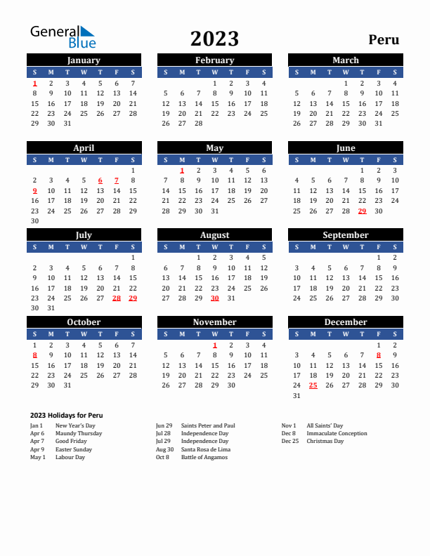 2023 Peru Holiday Calendar