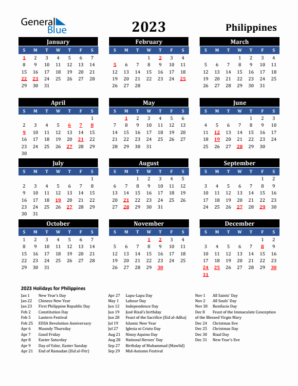 2023 Philippines Holiday Calendar