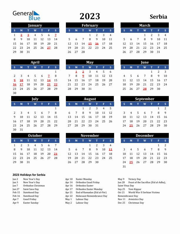 2023 Serbia Holiday Calendar