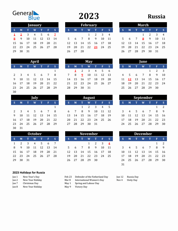 2023 Russia Holiday Calendar