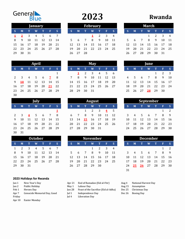 2023 Rwanda Holiday Calendar