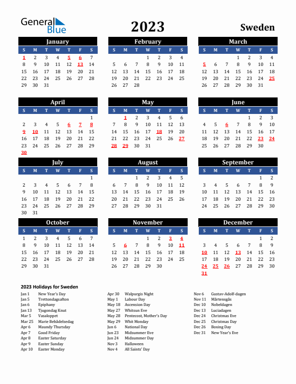 2023 Sweden Holiday Calendar