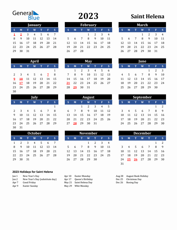 2023 Saint Helena Holiday Calendar