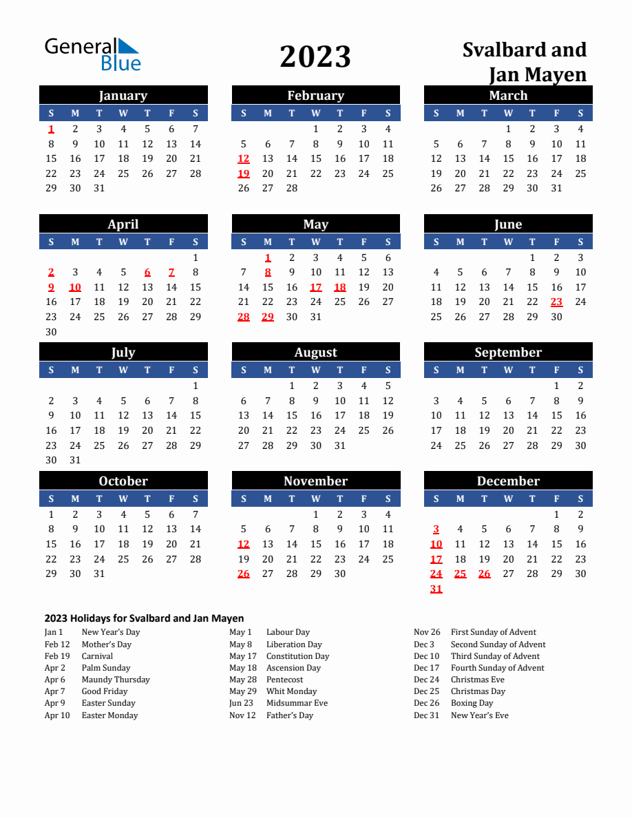 2023 Svalbard And Jan Mayen Holiday Calendar