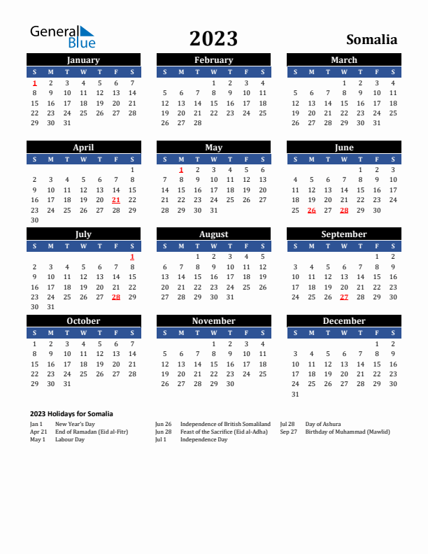 2023 Somalia Holiday Calendar