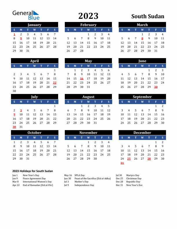 2023 South Sudan Holiday Calendar