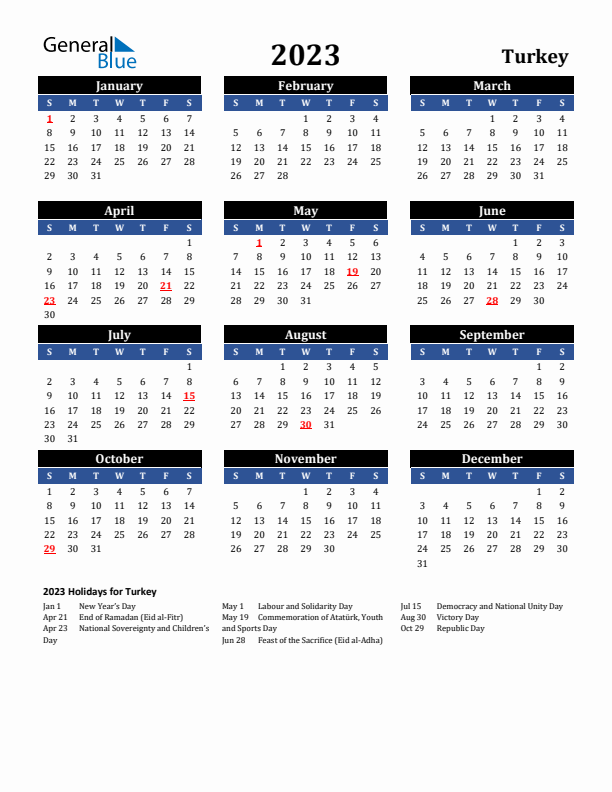 2023 Turkey Holiday Calendar