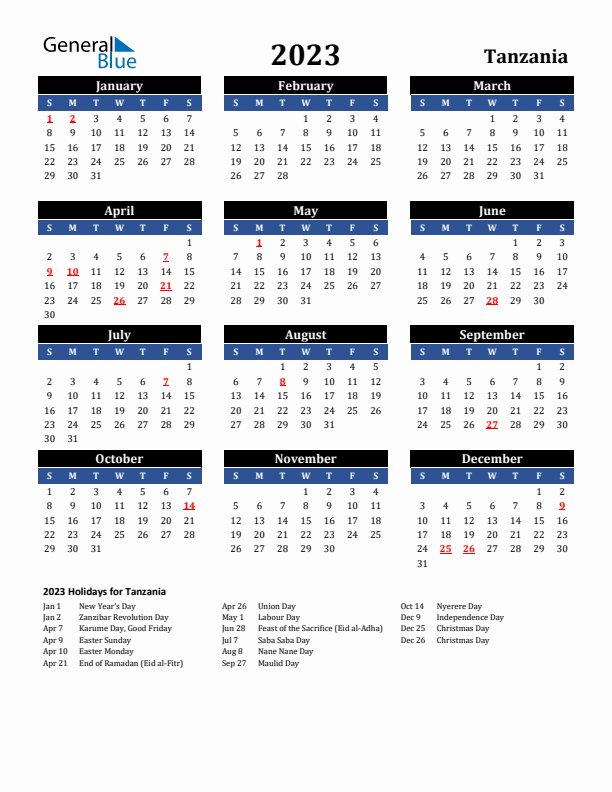 2023 Tanzania Holiday Calendar