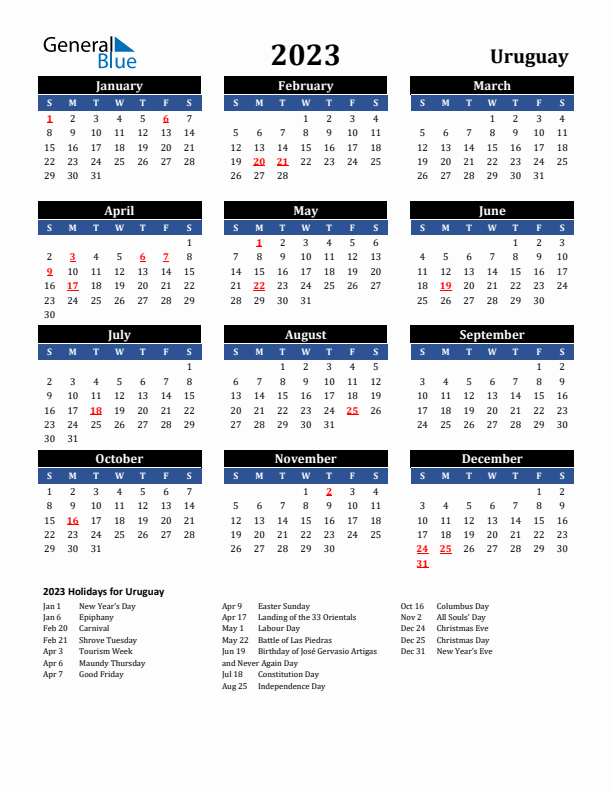 2023 Uruguay Holiday Calendar