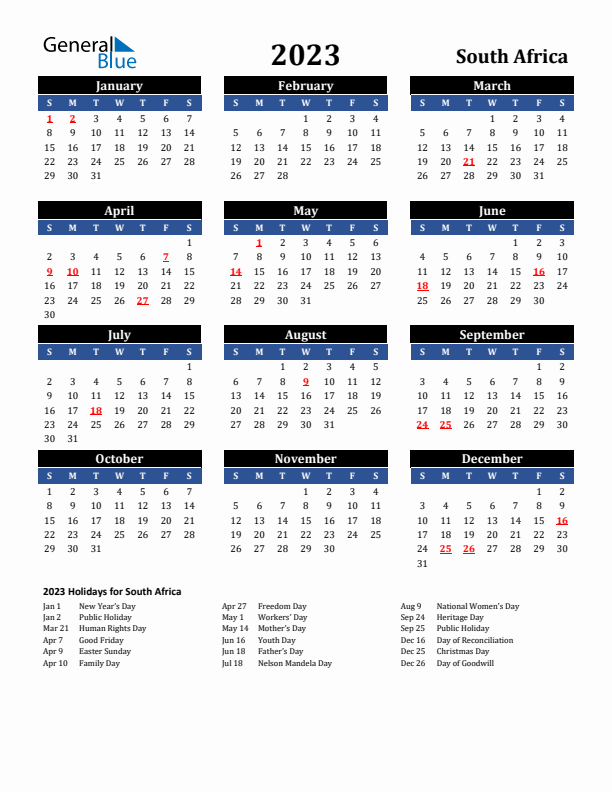 2023 South Africa Holiday Calendar