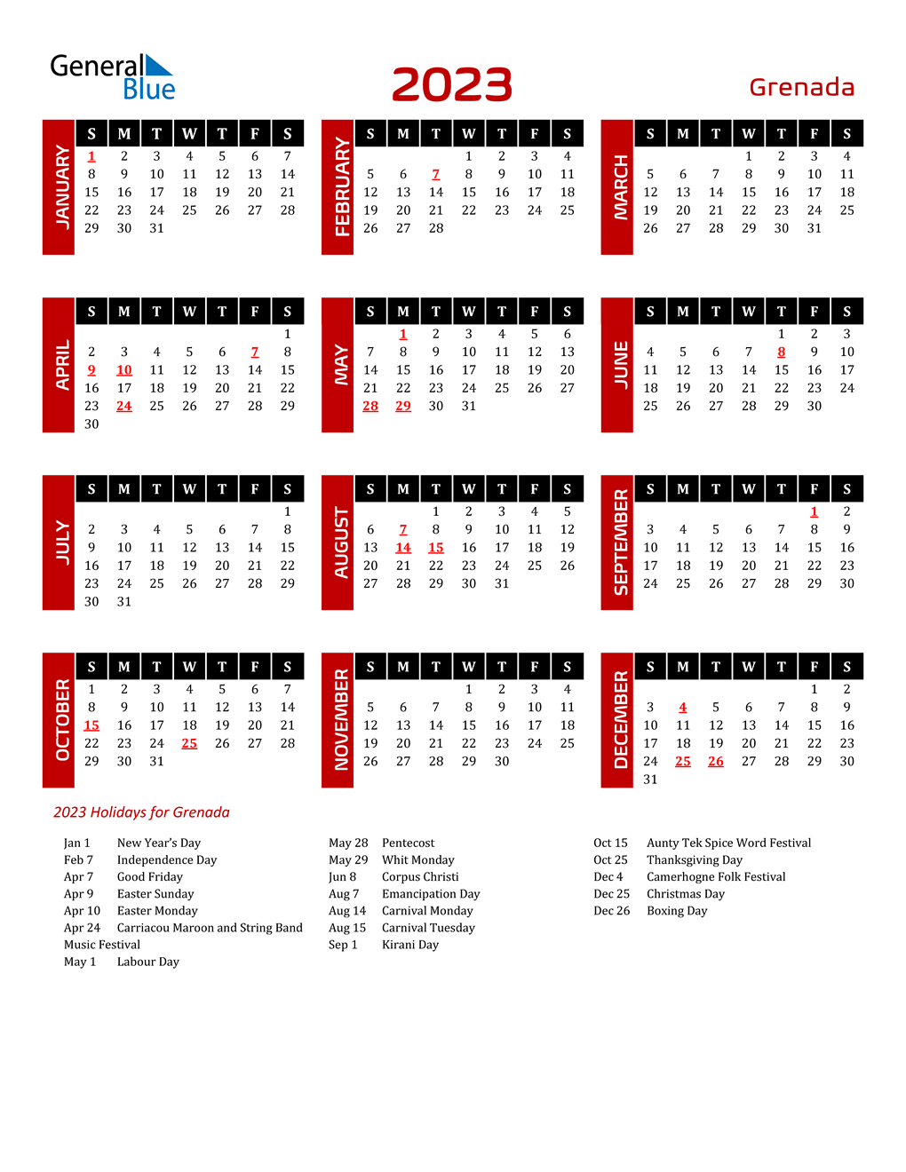 2023 Grenada Calendar with Holidays