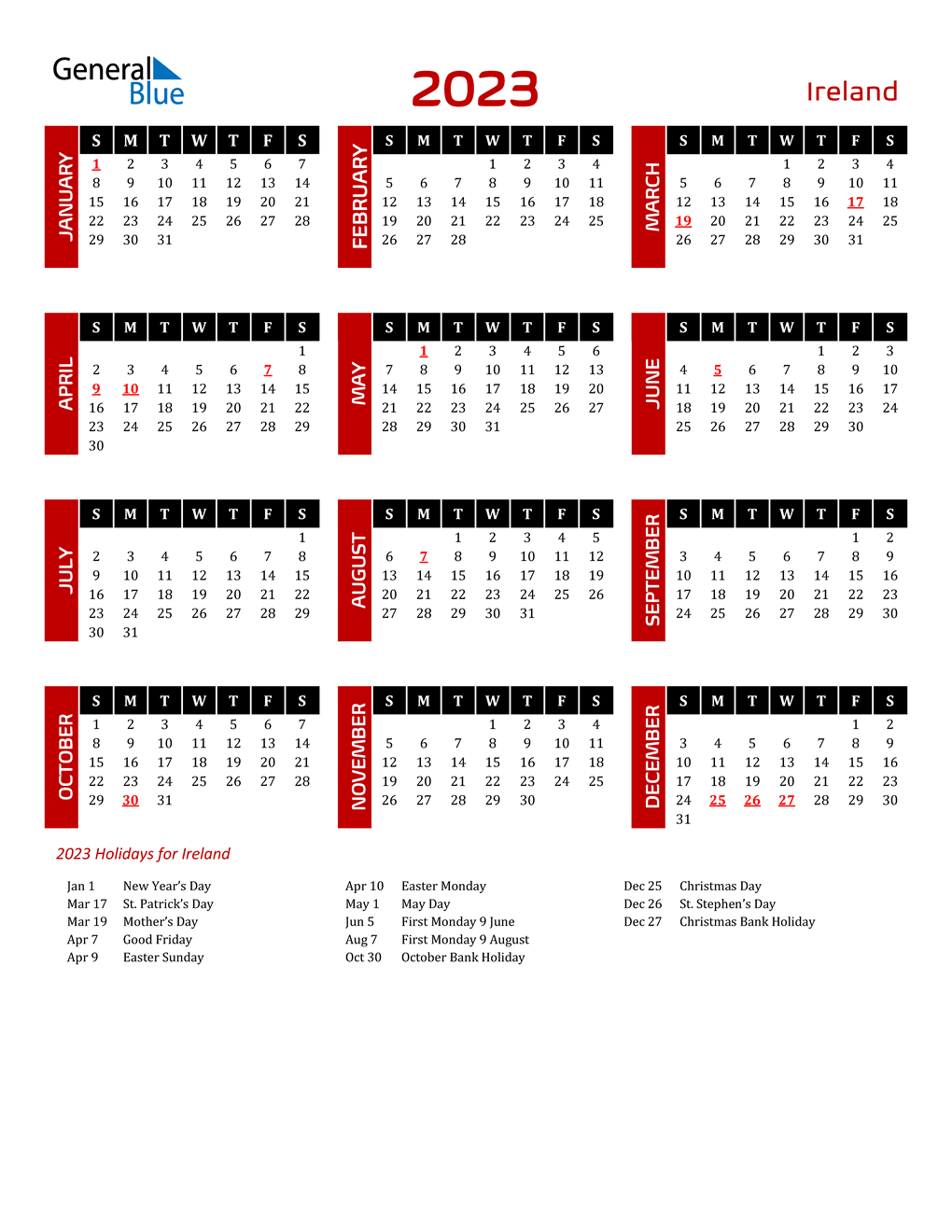 2023 Ireland Calendar With Holidays