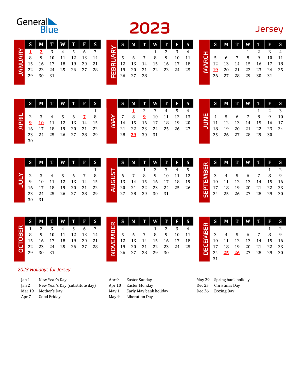 2023 Jersey Calendar With Holidays